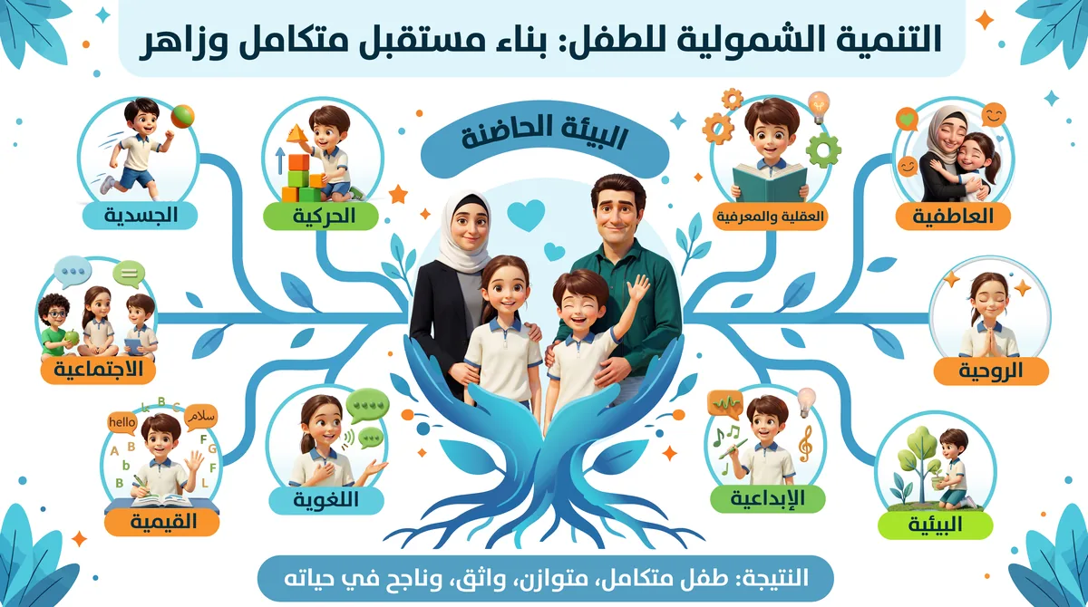رسمٌ توضيحي: التنمية الشمولية للطفل — بناء مستقبل متكامل وزاهر. عشرة جوانب تحيط بالبيئة الحاضنة: الجسدية، والحركية، والعقلية والمعرفية، والعاطفية، والاجتماعية، والروحية، والقيمية، واللغوية، والإبداعية، والبيئية؛ والنتيجة: طفل متكامل، متوازن، واثق، وناجح في حياته.
